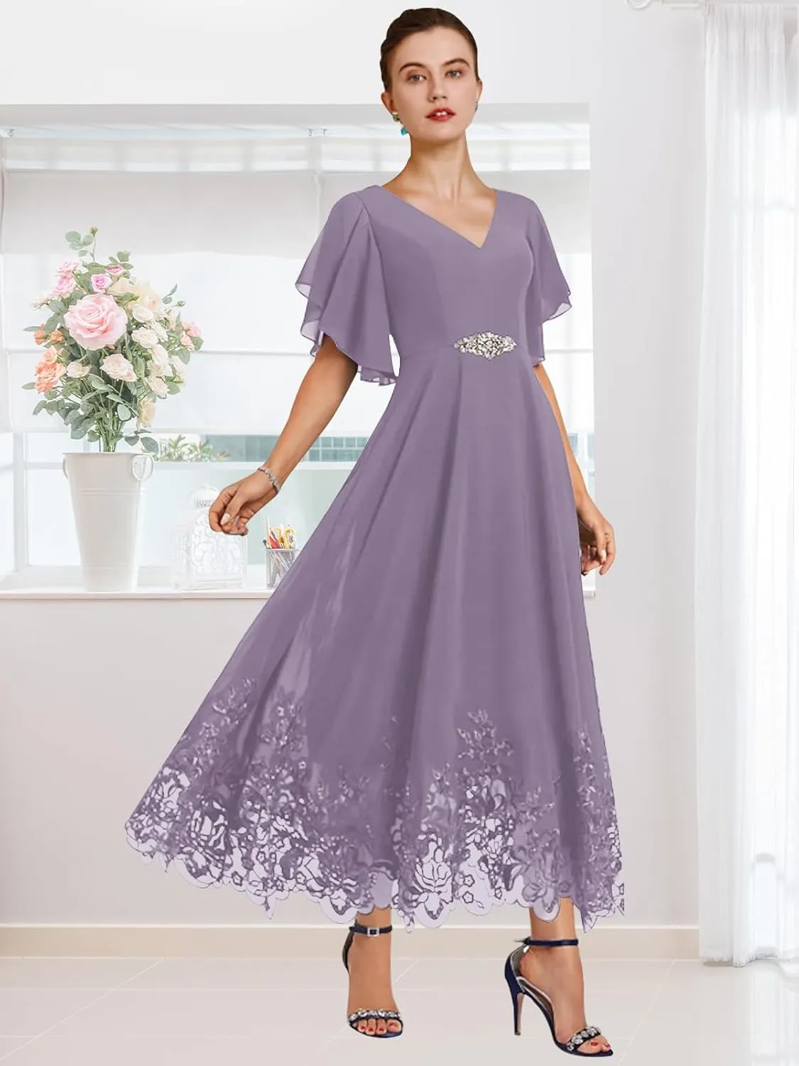 Women's Tea Length Chiffon Mother of The Bride Dresses for Wedding V-Neck Formal Evening Dress with Ruffle Sleeves