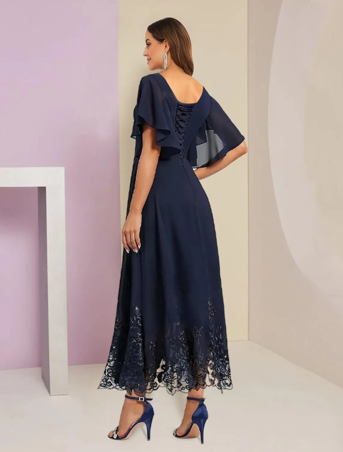 Women's Tea Length Chiffon Mother of The Bride Dresses for Wedding V-Neck Formal Evening Dress with Ruffle Sleeves