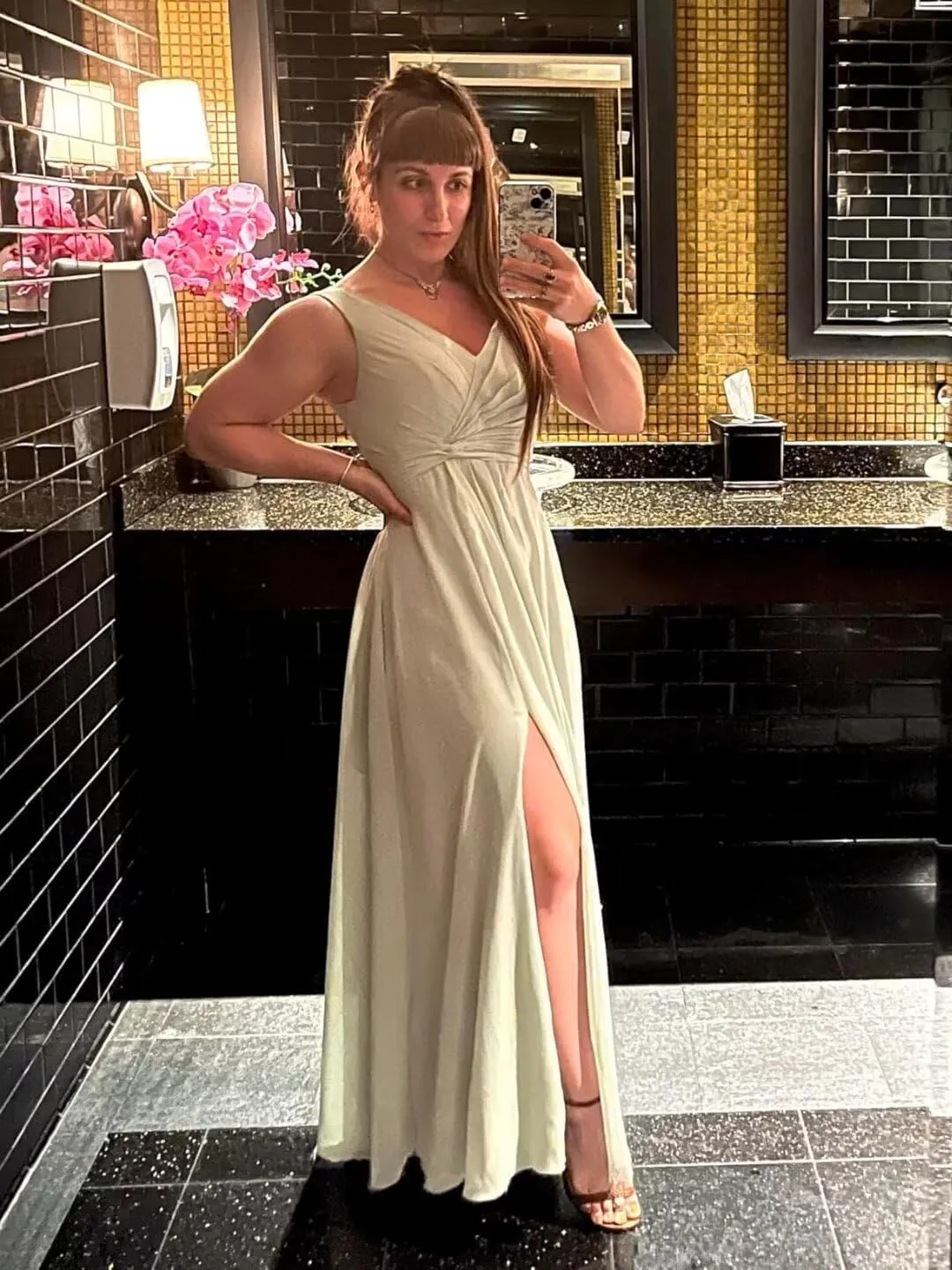 Women's V Neck Chiffon Bridesmaid Dresses with Slit Long A-Line Pleated Formal Party Dress
