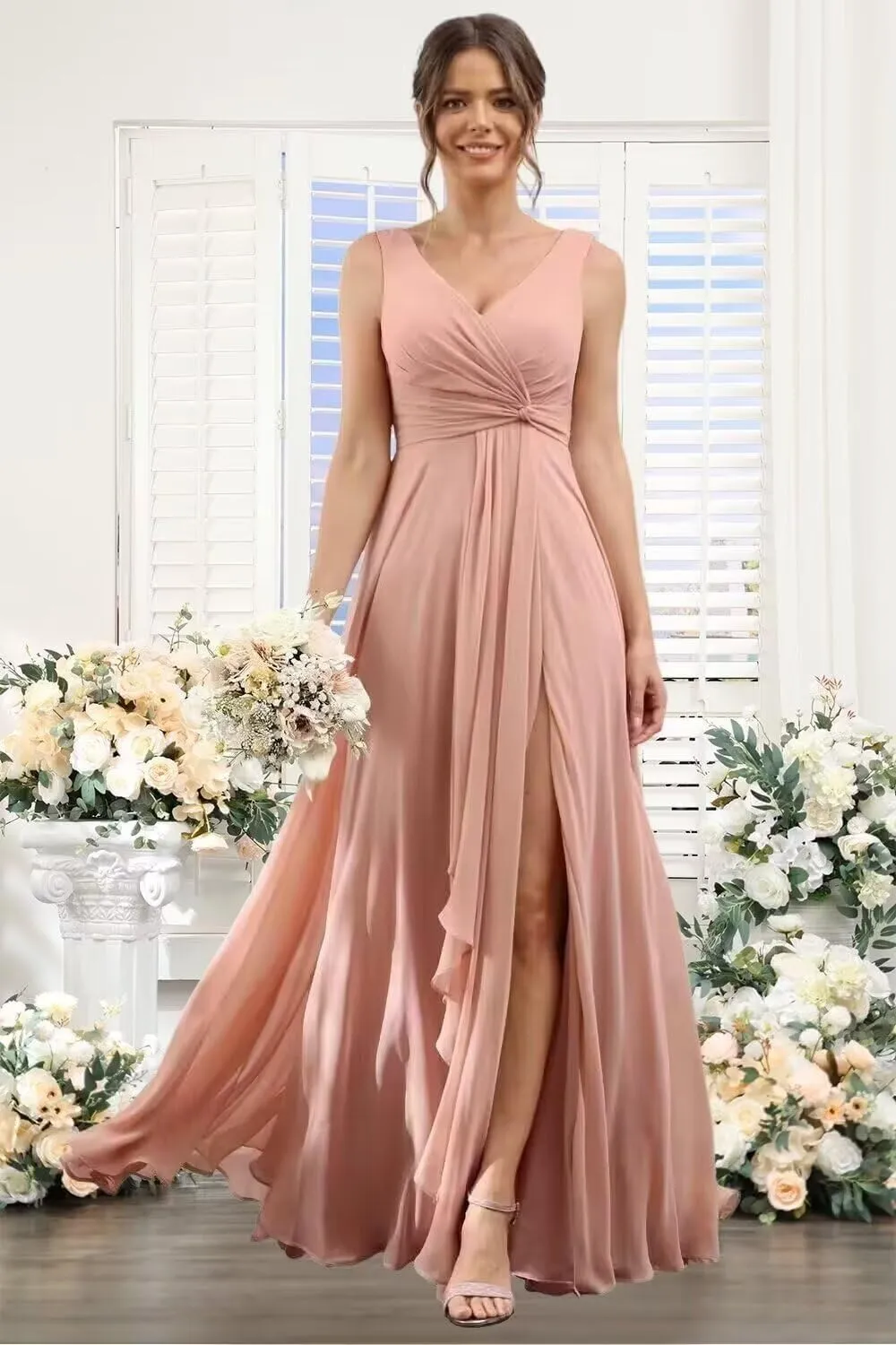 Women's V Neck Chiffon Bridesmaid Dresses with Slit Long A-Line Pleated Formal Party Dress