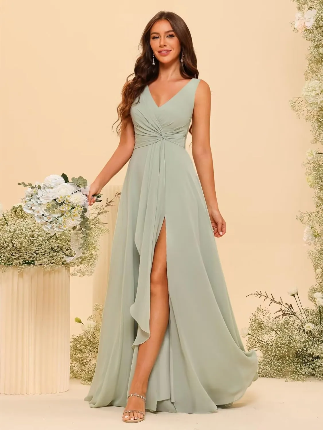 Women's V Neck Chiffon Bridesmaid Dresses with Slit Long A-Line Pleated Formal Party Dress