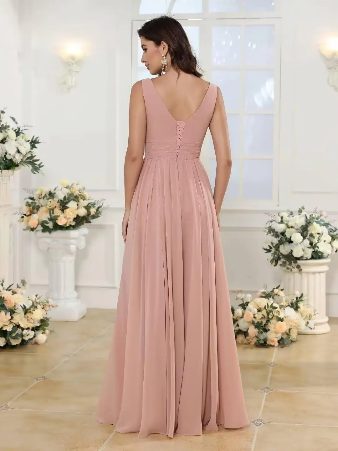 Women's V Neck Chiffon Bridesmaid Dresses with Slit Long A-Line Pleated Formal Party Dress