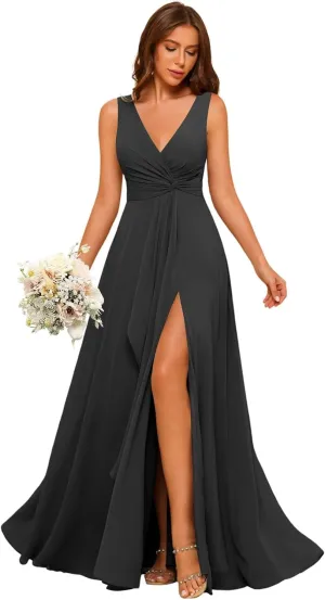 Women's V Neck Chiffon Bridesmaid Dresses with Slit Long A-Line Pleated Formal Party Dress