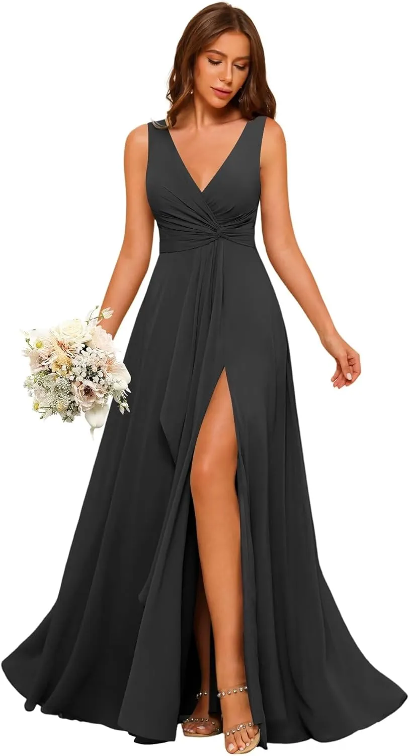 Women's V Neck Chiffon Bridesmaid Dresses with Slit Long A-Line Pleated Formal Party Dress