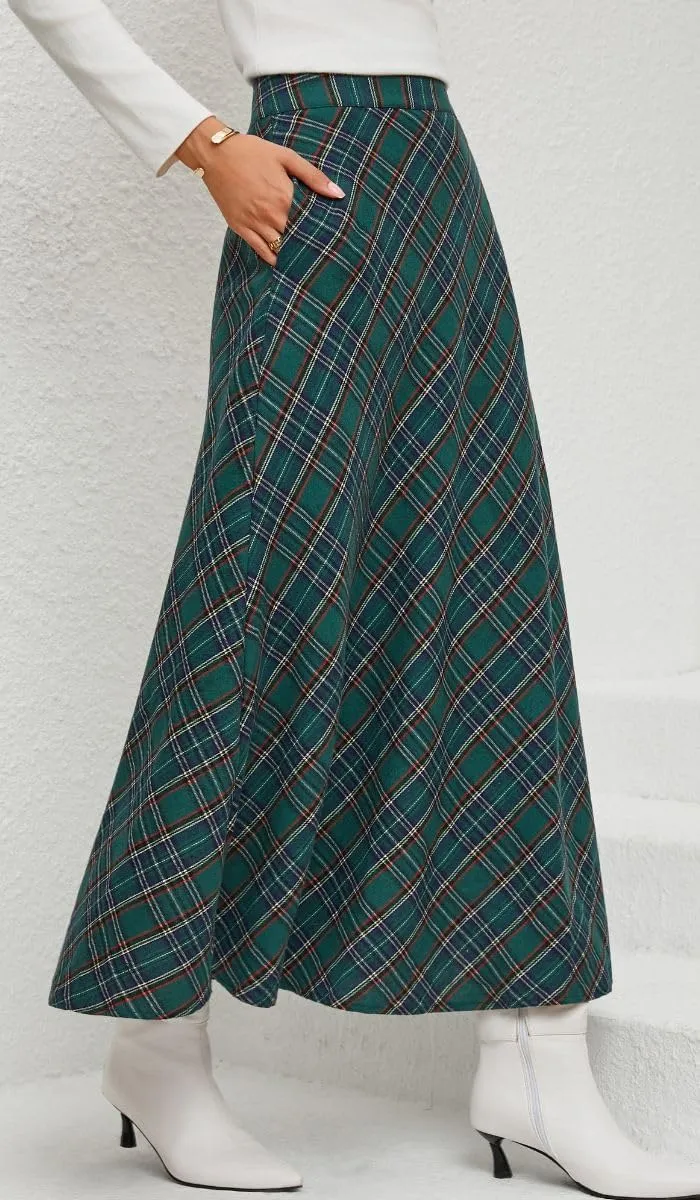 Women's Vintage Plaid Maxi Skirt High Waist Tartan Pleated A Line Long Skirt with Pockets