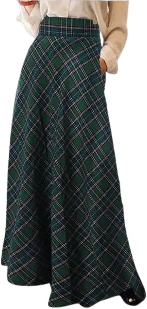 Women's Vintage Plaid Maxi Skirt High Waist Tartan Pleated A Line Long Skirt with Pockets