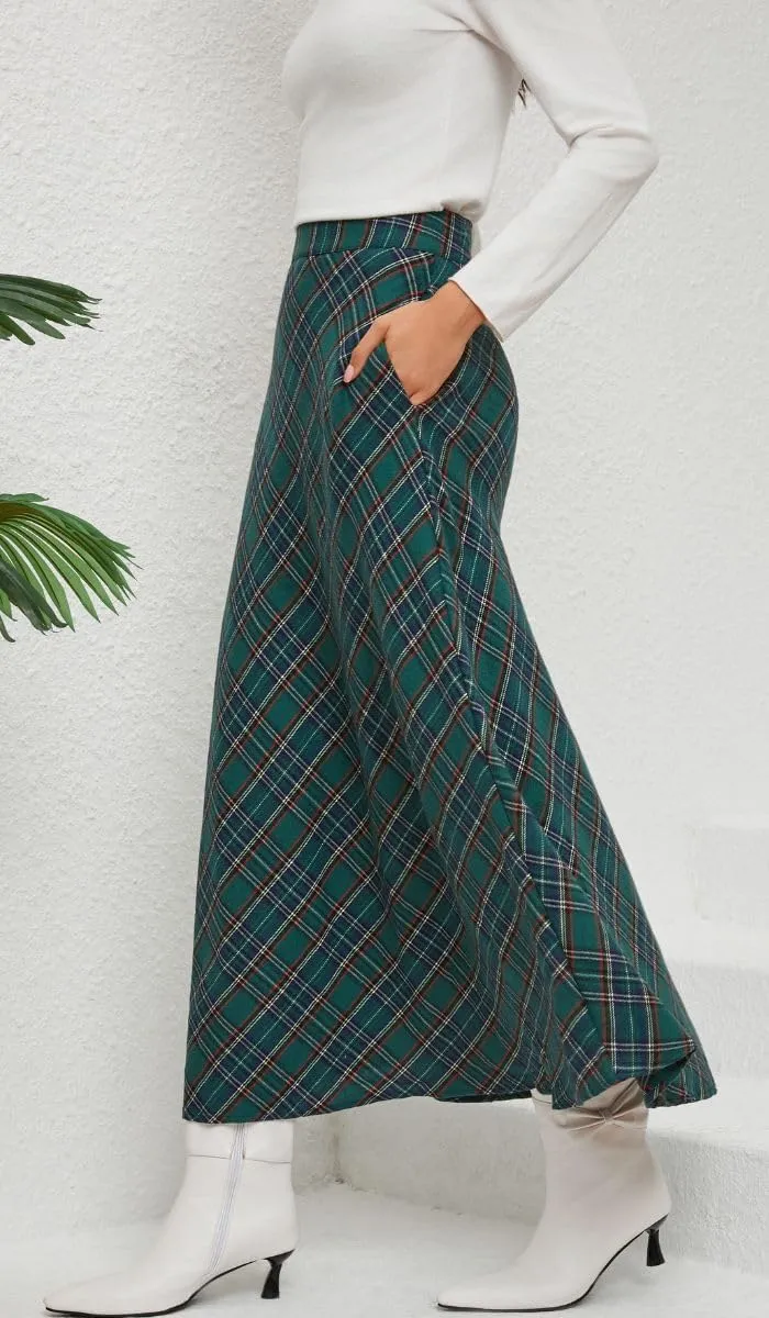 Women's Vintage Plaid Maxi Skirt High Waist Tartan Pleated A Line Long Skirt with Pockets