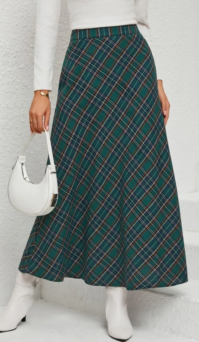Women's Vintage Plaid Maxi Skirt High Waist Tartan Pleated A Line Long Skirt with Pockets