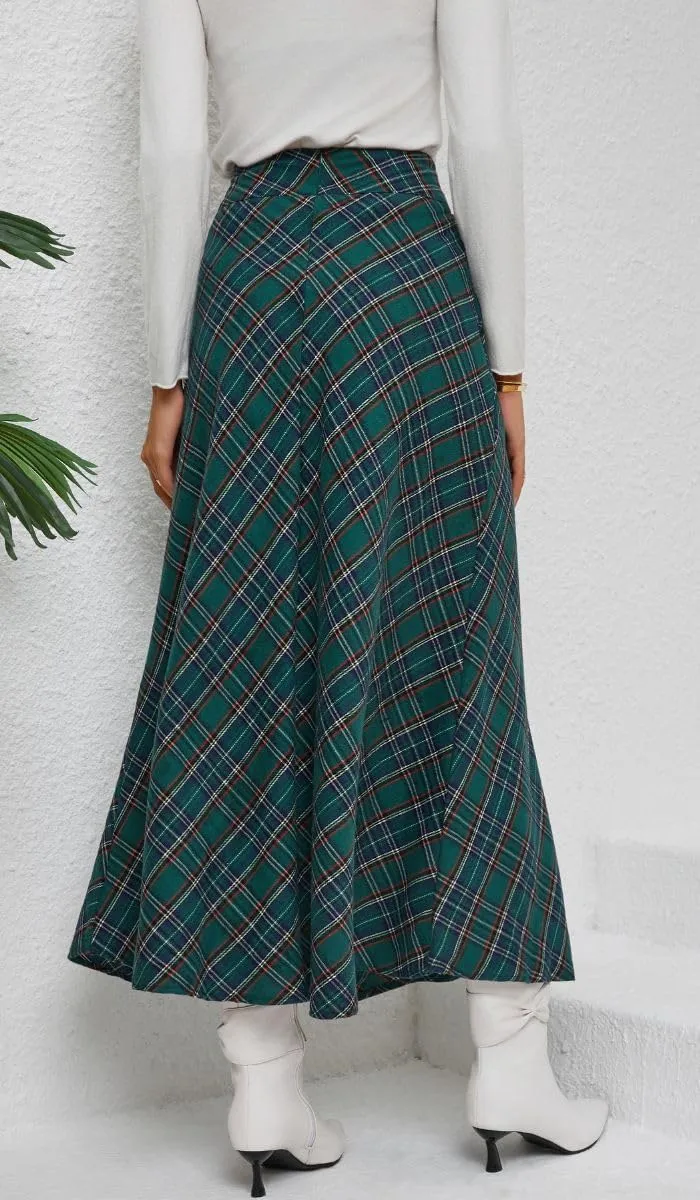 Women's Vintage Plaid Maxi Skirt High Waist Tartan Pleated A Line Long Skirt with Pockets