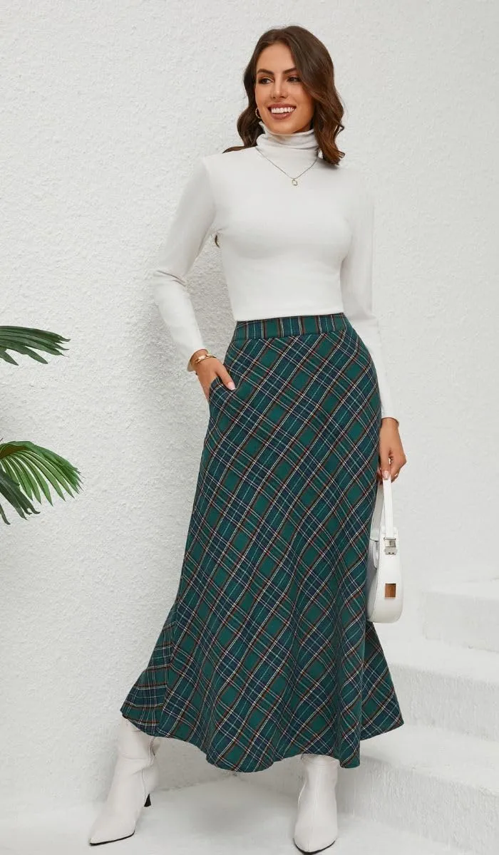 Women's Vintage Plaid Maxi Skirt High Waist Tartan Pleated A Line Long Skirt with Pockets