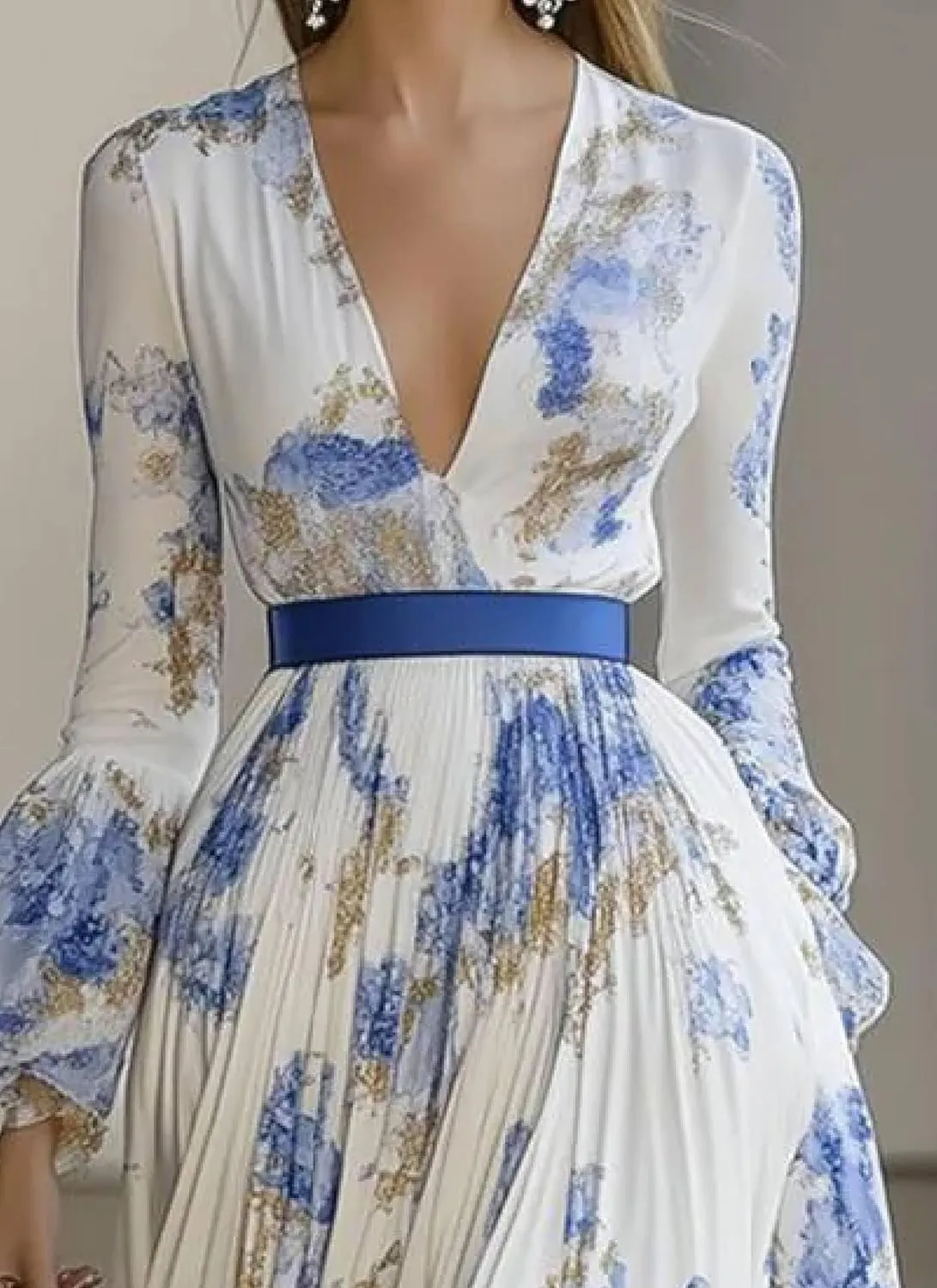 Women's White Floral Print Deep V-Neck Long Sleeve Slim Fit Waist Cinched A-Line Maxi Dress for Spring and Summer