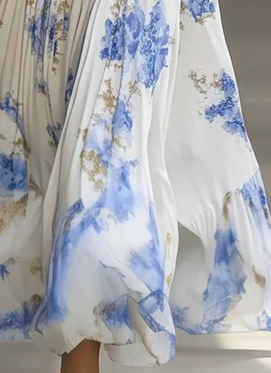Women's White Floral Print Deep V-Neck Long Sleeve Slim Fit Waist Cinched A-Line Maxi Dress for Spring and Summer