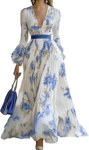 Women's White Floral Print Deep V-Neck Long Sleeve Slim Fit Waist Cinched A-Line Maxi Dress for Spring and Summer