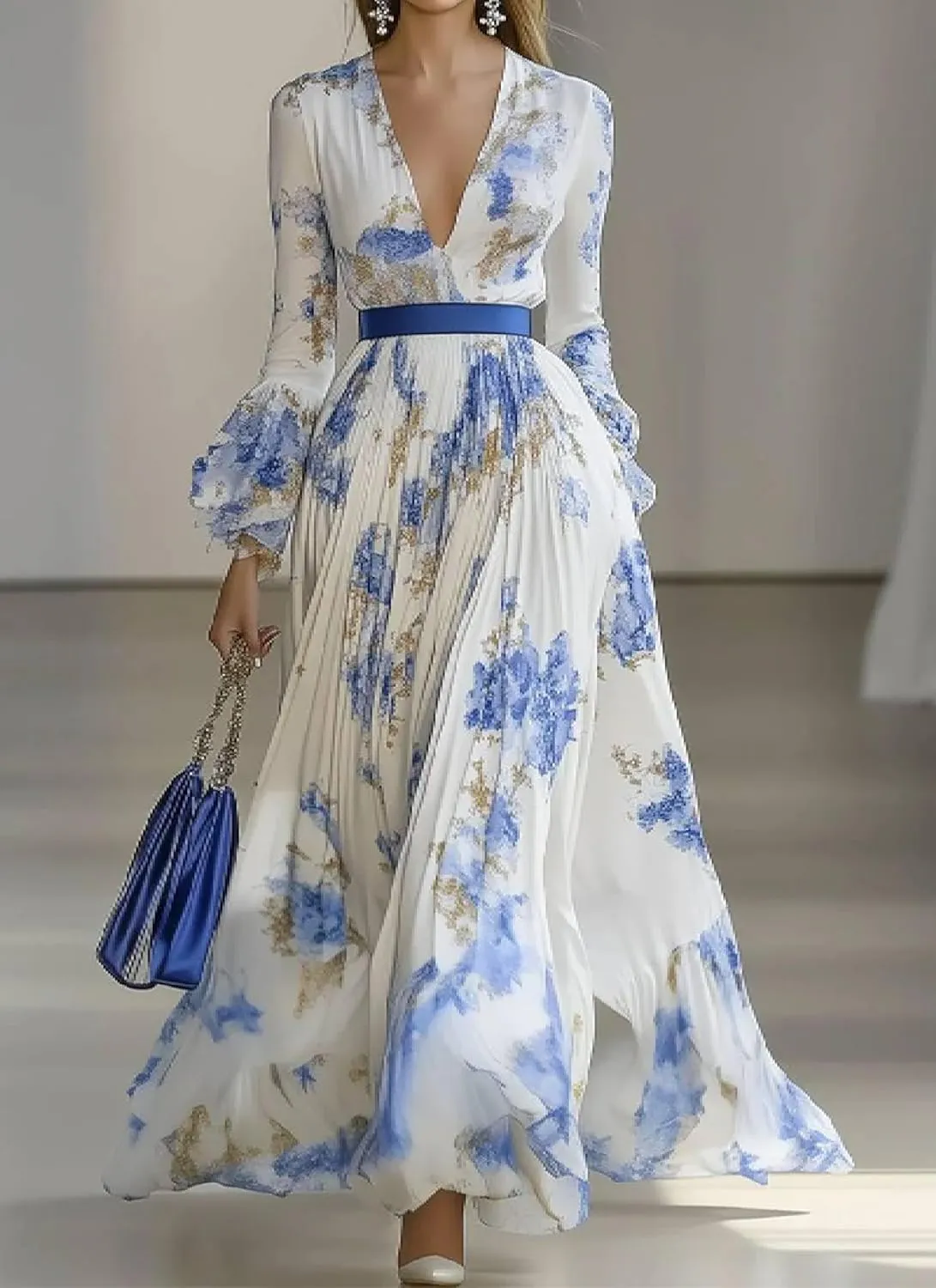 Women's White Floral Print Deep V-Neck Long Sleeve Slim Fit Waist Cinched A-Line Maxi Dress for Spring and Summer