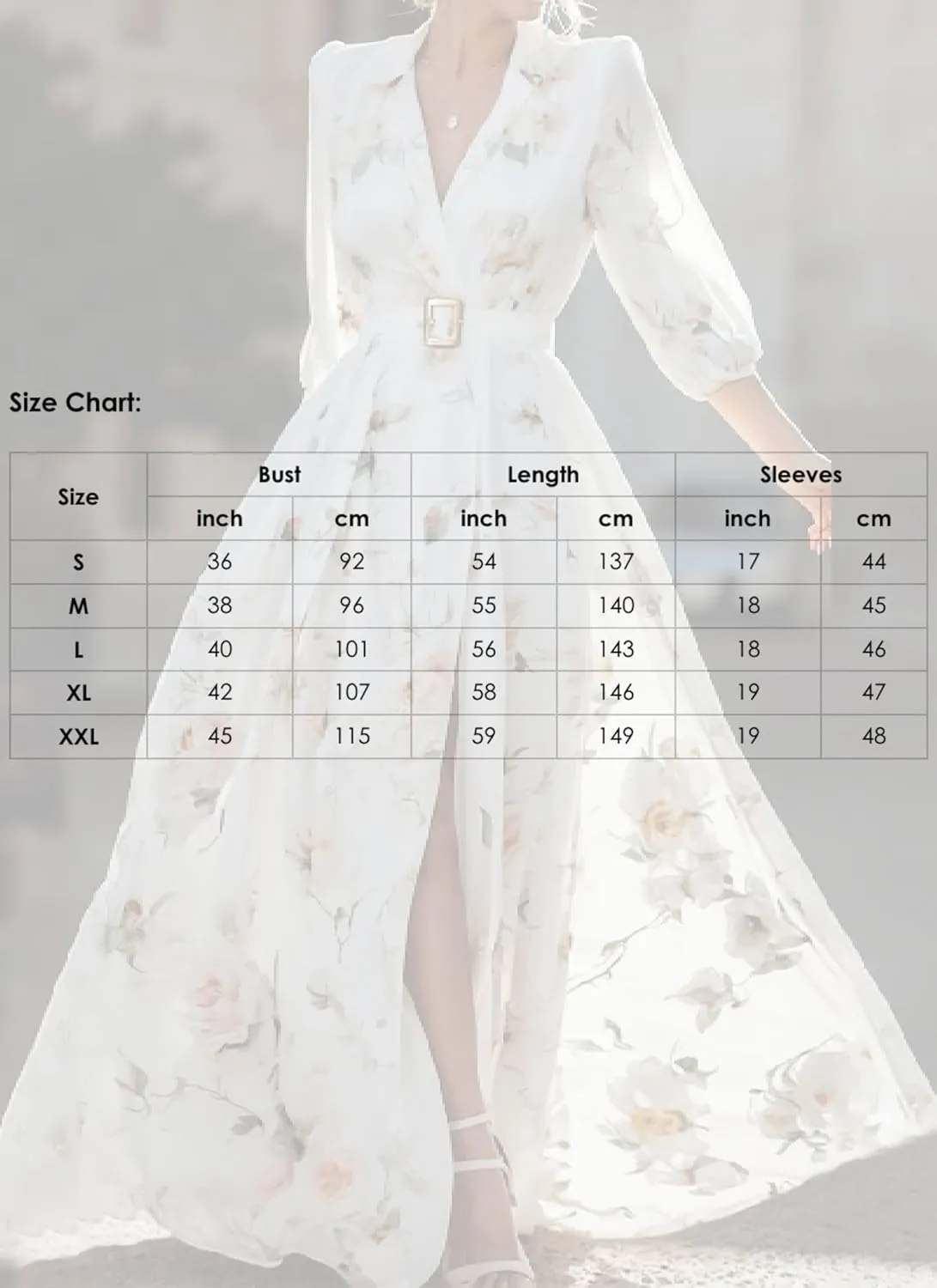Women's White Floral Print V-Neck Slim Fit 3/4 Sleeve Belted Waist-Cinched A-Line Maxi Dress for Spring and Summer