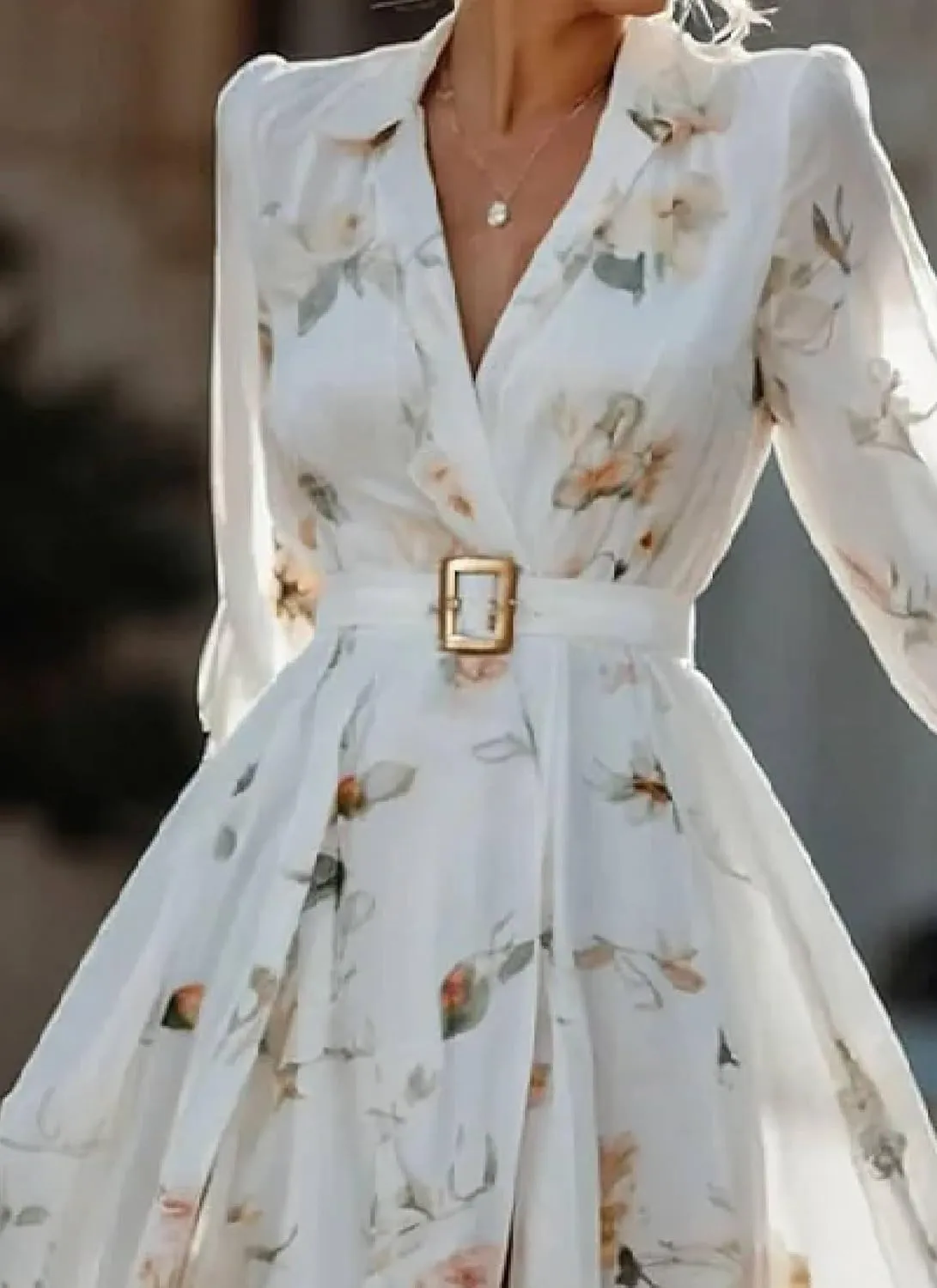 Women's White Floral Print V-Neck Slim Fit 3/4 Sleeve Belted Waist-Cinched A-Line Maxi Dress for Spring and Summer