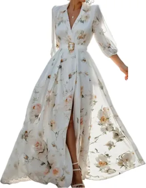 Women's White Floral Print V-Neck Slim Fit 3/4 Sleeve Belted Waist-Cinched A-Line Maxi Dress for Spring and Summer