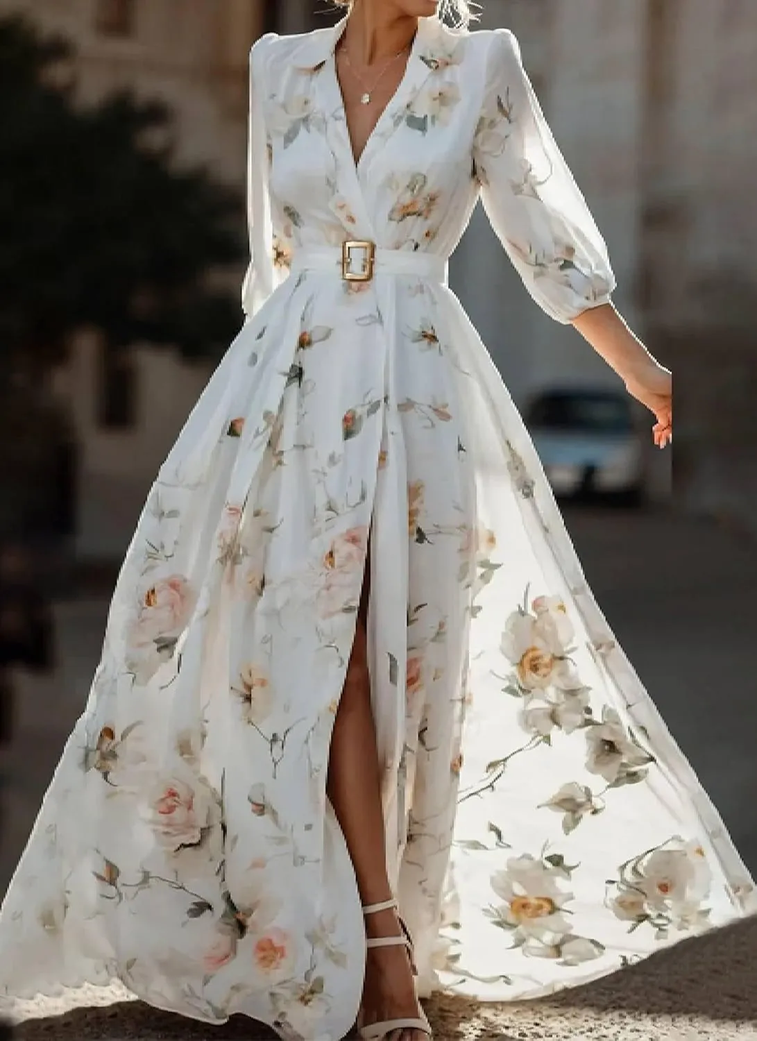 Women's White Floral Print V-Neck Slim Fit 3/4 Sleeve Belted Waist-Cinched A-Line Maxi Dress for Spring and Summer