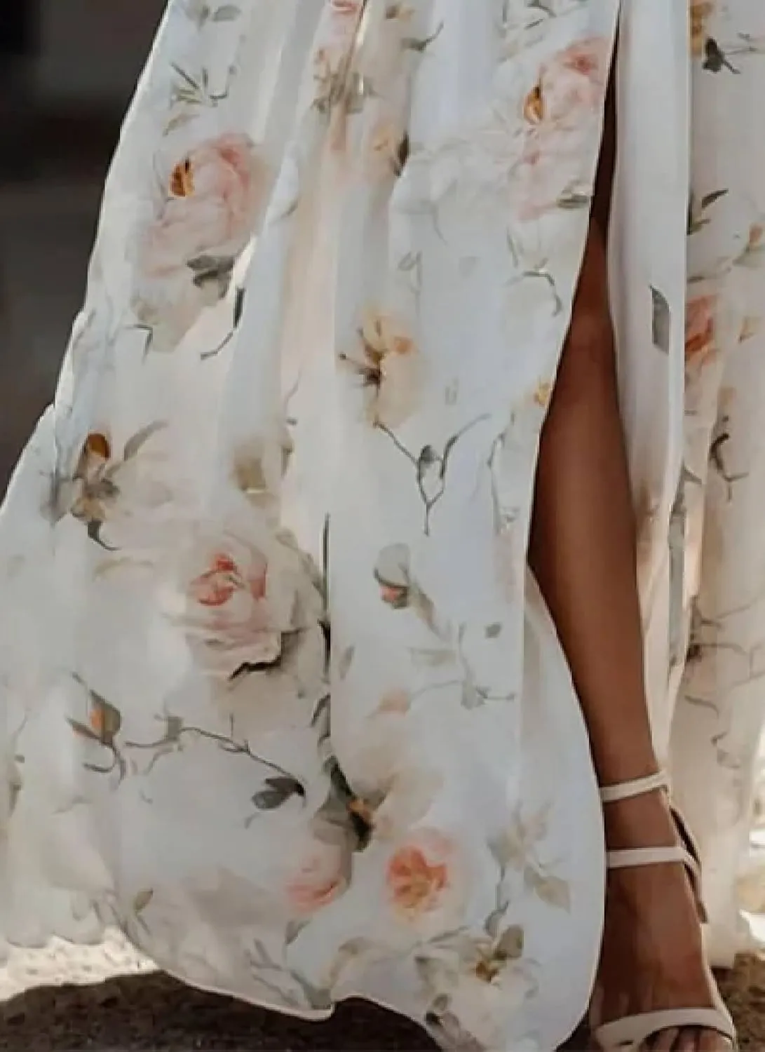 Women's White Floral Print V-Neck Slim Fit 3/4 Sleeve Belted Waist-Cinched A-Line Maxi Dress for Spring and Summer