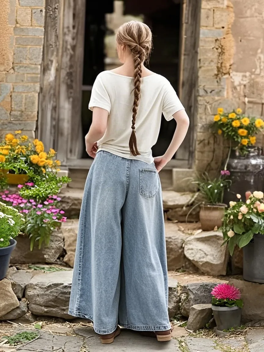 Women's Wide Leg Baggy Jeans Plus Size Loose Elastic Waist Denim Pants with Deep Pockets Light Blue