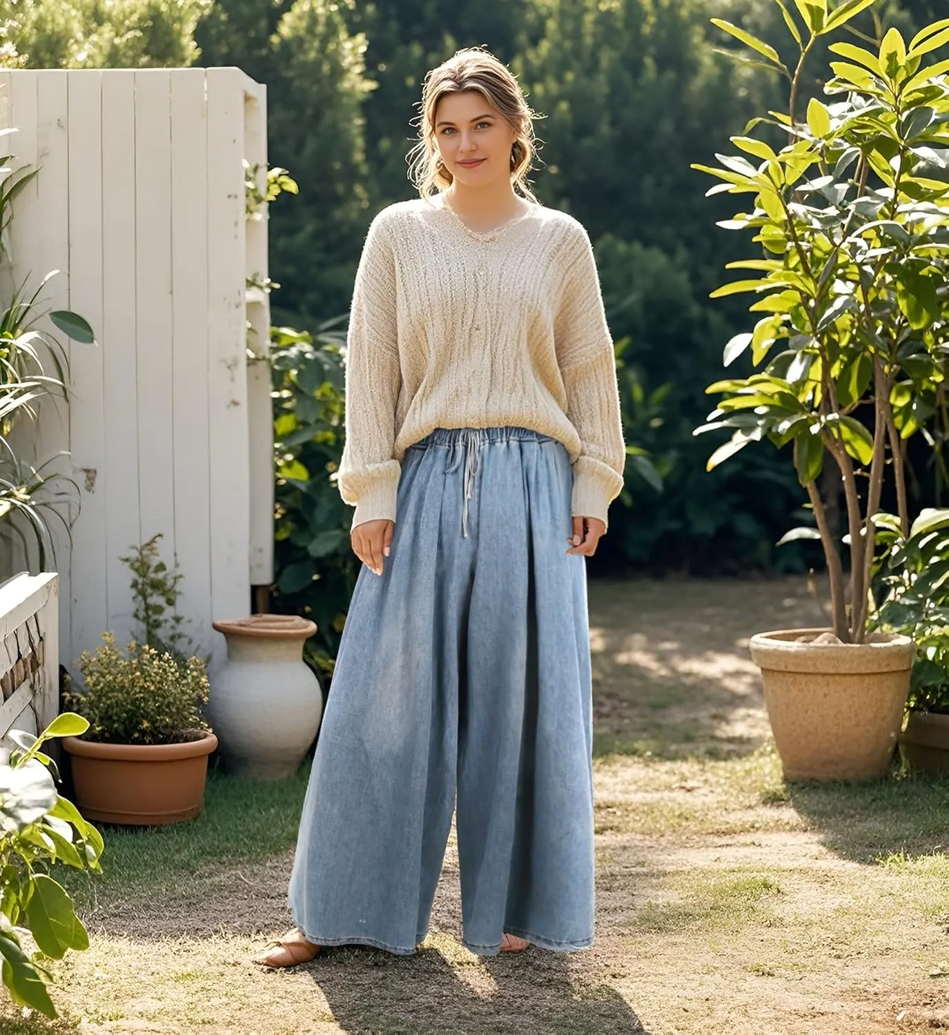 Women's Wide Leg Baggy Jeans Plus Size Loose Elastic Waist Denim Pants with Deep Pockets Light Blue