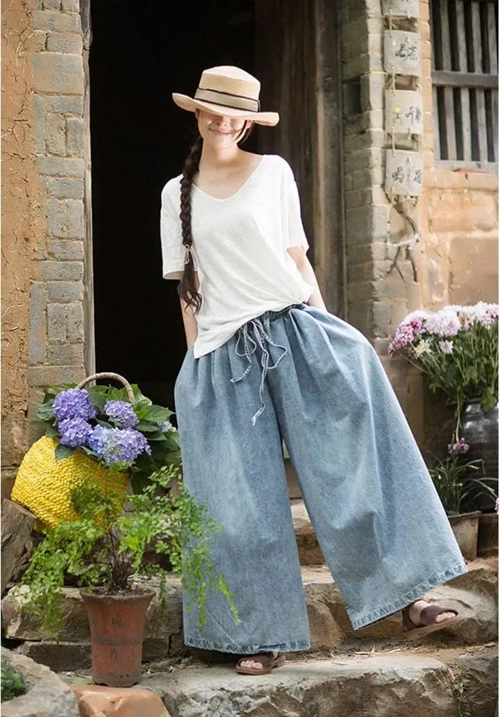 Women's Wide Leg Baggy Jeans Plus Size Loose Elastic Waist Denim Pants with Deep Pockets Light Blue