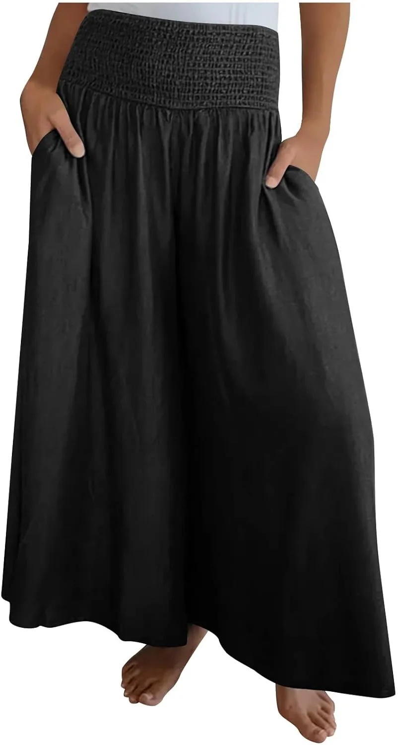 Women's Wide Leg Pants Casual High Waist Summer Beach Trousers Fashion Solid Lounge Long Palazzo Pants with Pocket