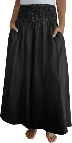 Women's Wide Leg Pants Casual High Waist Summer Beach Trousers Fashion Solid Lounge Long Palazzo Pants with Pocket
