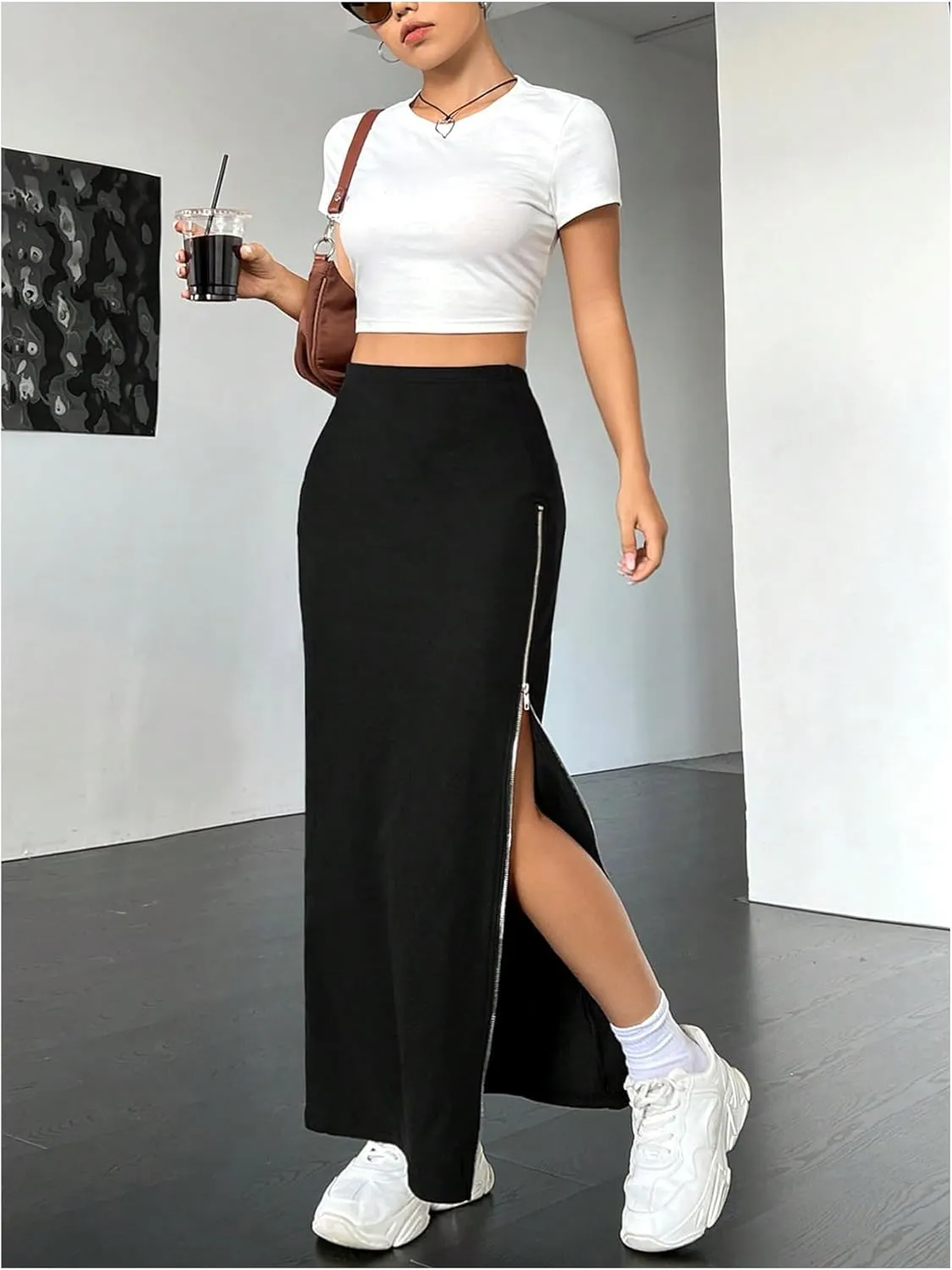 Women's Zip Side Maxi Skirt Casual Split Thigh Bodycon Long Skirt