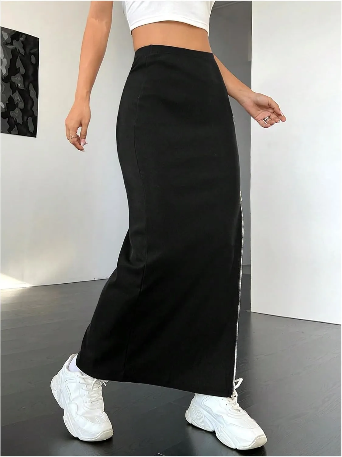 Women's Zip Side Maxi Skirt Casual Split Thigh Bodycon Long Skirt