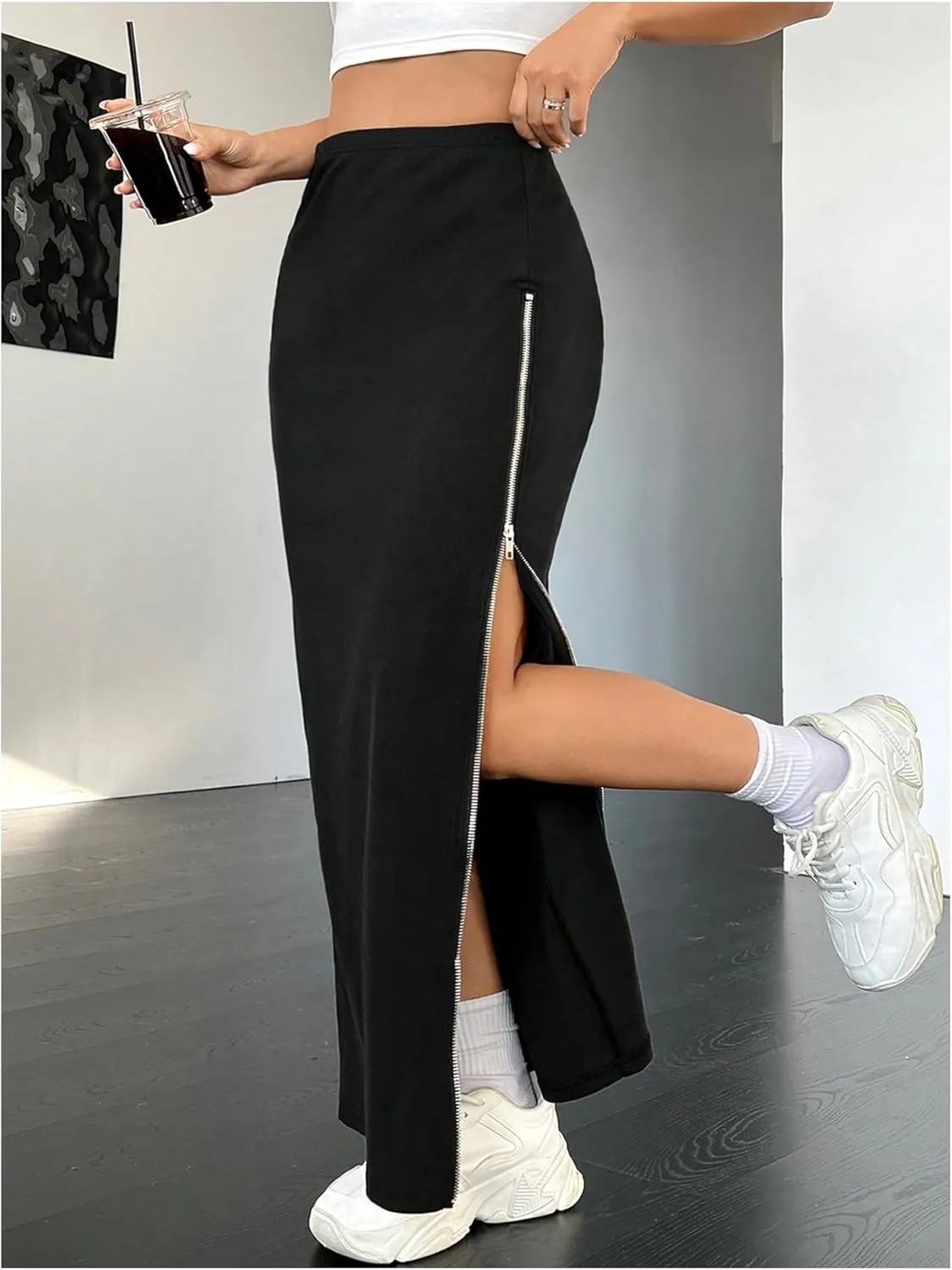 Women's Zip Side Maxi Skirt Casual Split Thigh Bodycon Long Skirt