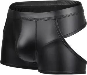 XIAOBU Faux Leather Lingerie Briefs Mens Hollow Out Hips Boxer Shorts Underwear Pure Color Panties Knicker,Black,S