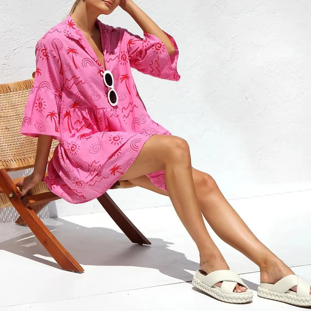 XYGJZ Womens Summer Short Ruffle Sleeve Sundress Loose V Neck Flowy Swing Mini Dress