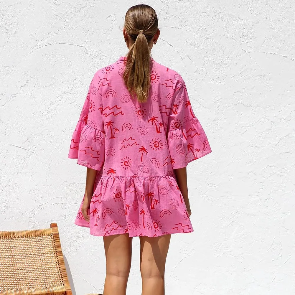 XYGJZ Womens Summer Short Ruffle Sleeve Sundress Loose V Neck Flowy Swing Mini Dress