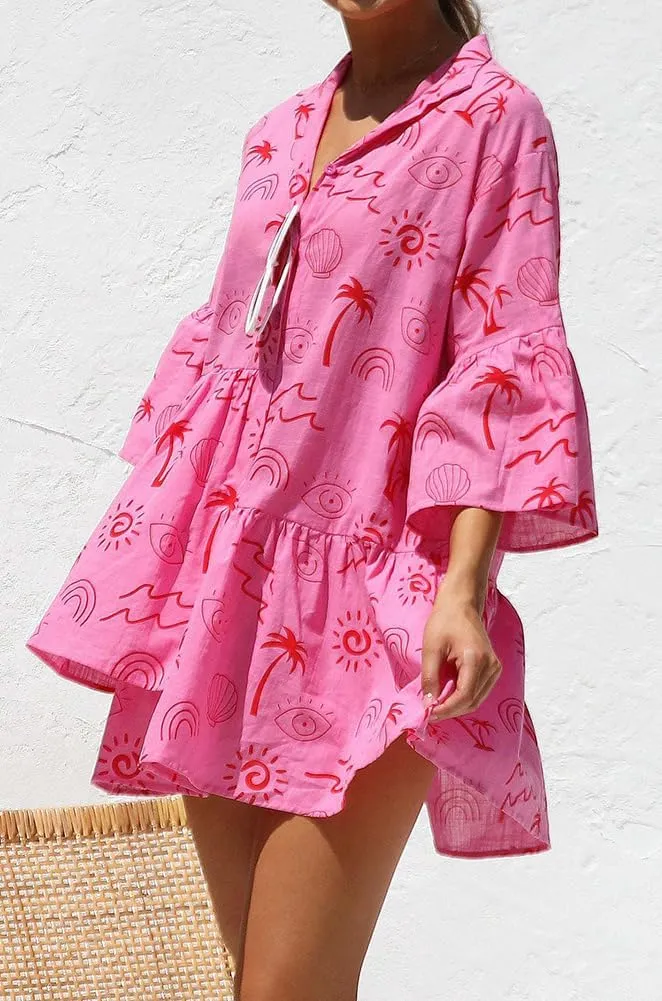 XYGJZ Womens Summer Short Ruffle Sleeve Sundress Loose V Neck Flowy Swing Mini Dress