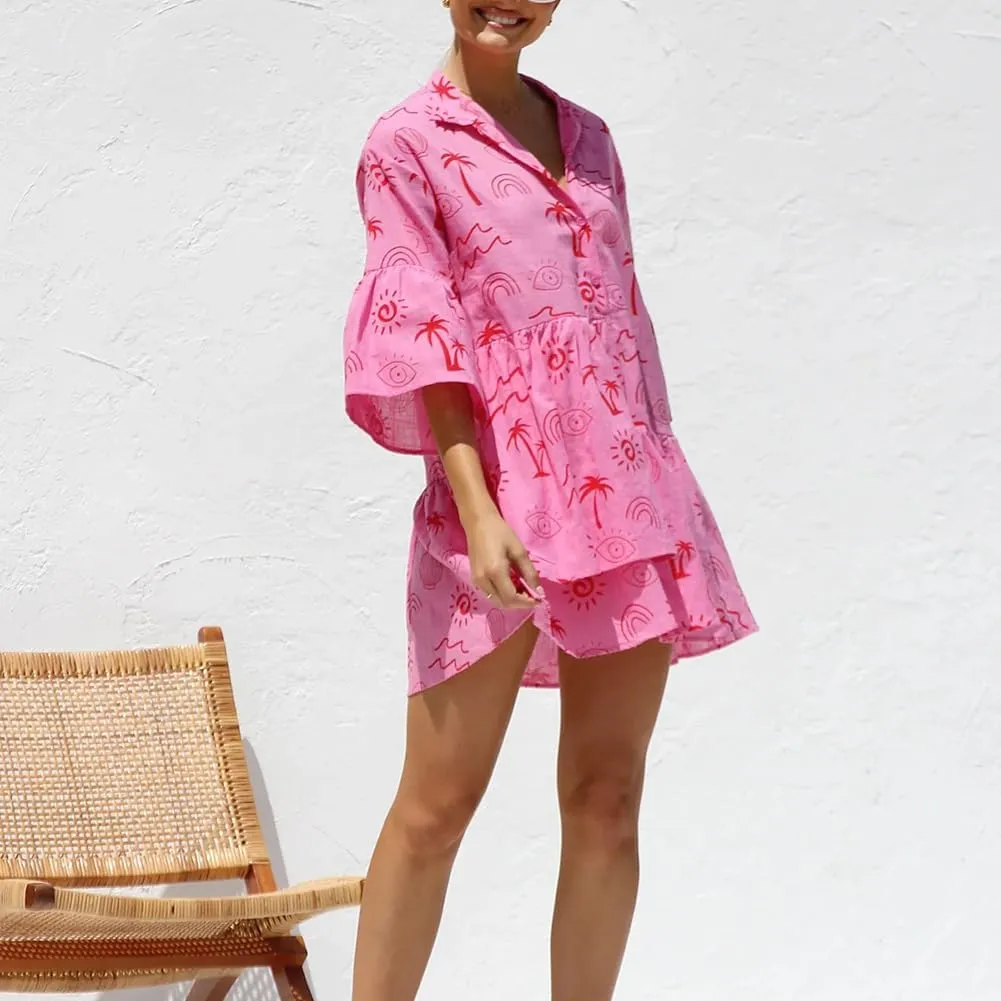 XYGJZ Womens Summer Short Ruffle Sleeve Sundress Loose V Neck Flowy Swing Mini Dress