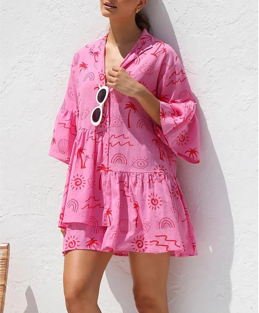 XYGJZ Womens Summer Short Ruffle Sleeve Sundress Loose V Neck Flowy Swing Mini Dress