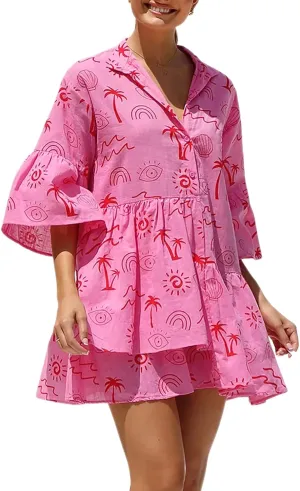 XYGJZ Womens Summer Short Ruffle Sleeve Sundress Loose V Neck Flowy Swing Mini Dress