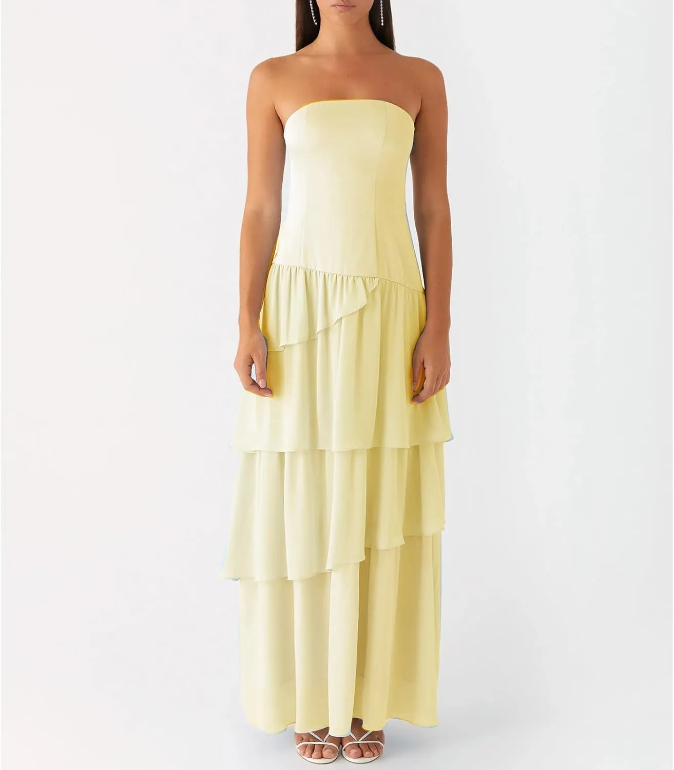 Y2k Strapless Maxi Dress for Women Ruffle Cute Mesh Bodycon Dresses Backless Flowy Midi Long Dresses Beachwear