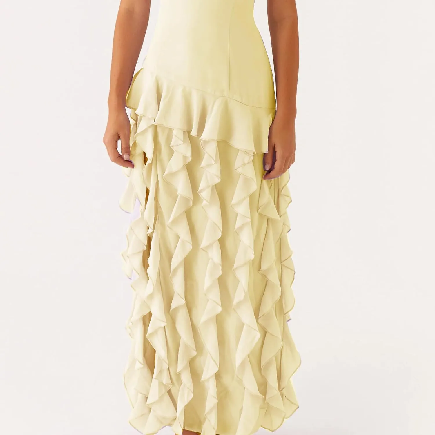 Y2k Strapless Maxi Dress for Women Ruffle Cute Mesh Bodycon Dresses Backless Flowy Midi Long Dresses Beachwear
