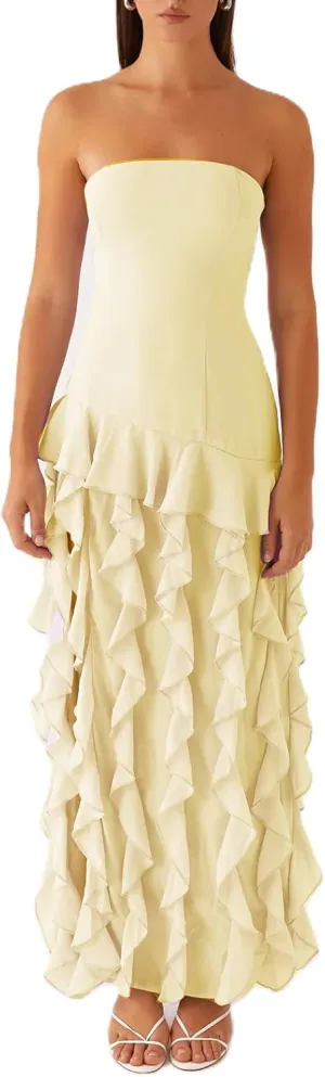 Y2k Strapless Maxi Dress for Women Ruffle Cute Mesh Bodycon Dresses Backless Flowy Midi Long Dresses Beachwear