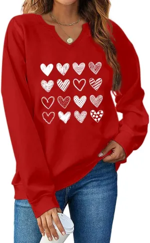 Ymoshoe Women V-Neck Valentine Sweatshirt Love Heart Elbow Patch Shirts Gift for Her