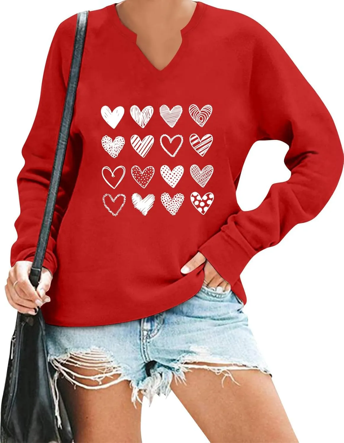 Ymoshoe Women V-Neck Valentine Sweatshirt Love Heart Elbow Patch Shirts Gift for Her