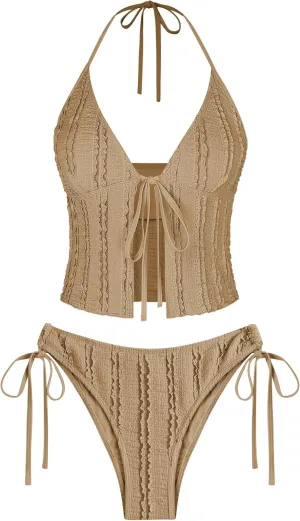 ZAFUL Tankini Swimsuits for Women Smocked Ruffles Tie Front Bowknot Textured High Cut Tanga Tankini Set