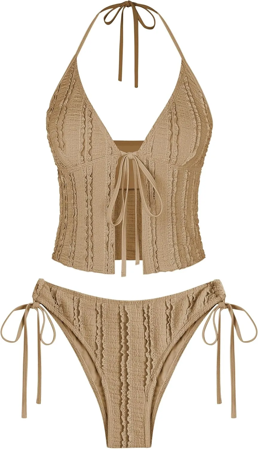 ZAFUL Tankini Swimsuits for Women Smocked Ruffles Tie Front Bowknot Textured High Cut Tanga Tankini Set