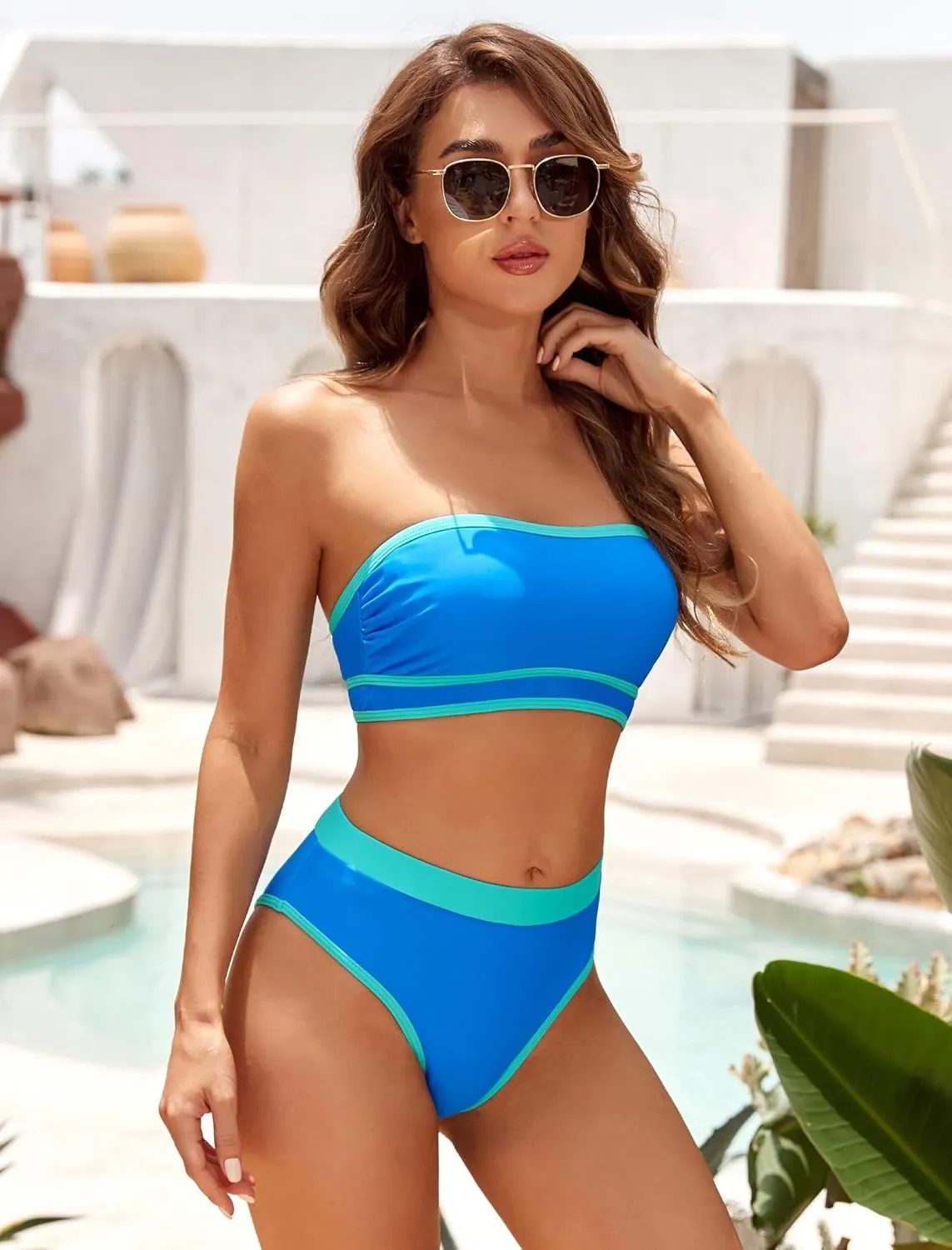 ZAFUL Women Strapless Color Block Bandeau Bikini High Waisted 2 Piece Swimwear Lace up Bathing Suits
