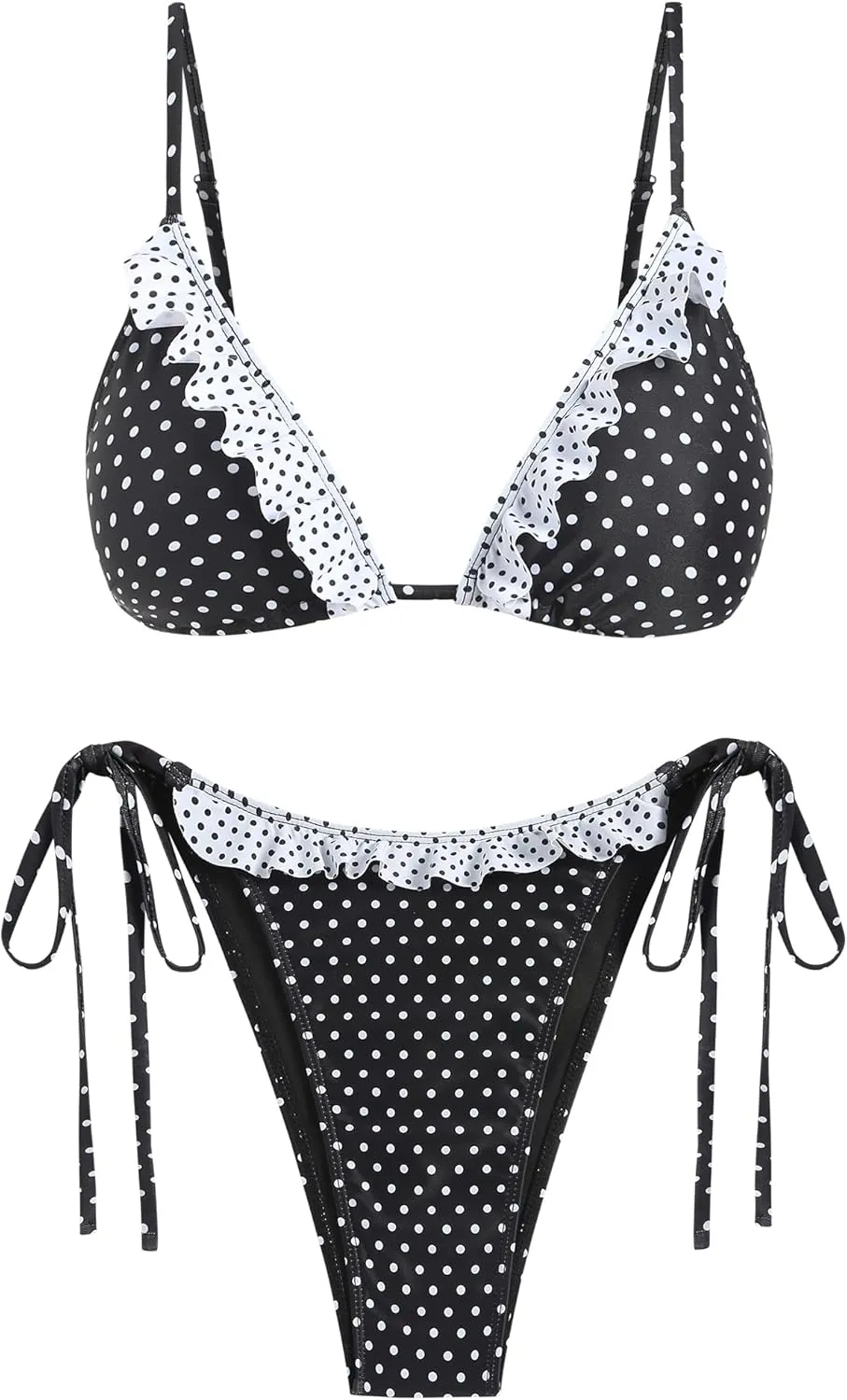 ZAFUL Women's Triangle Bikini Lace Frilled Ruffles Gingham Print Tie Side Spaghetti Strap 2 Pieces Bikini Swimsuit