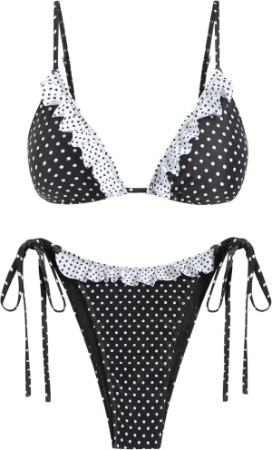 ZAFUL Women's Triangle Bikini Lace Frilled Ruffles Gingham Print Tie Side Spaghetti Strap 2 Pieces Bikini Swimsuit