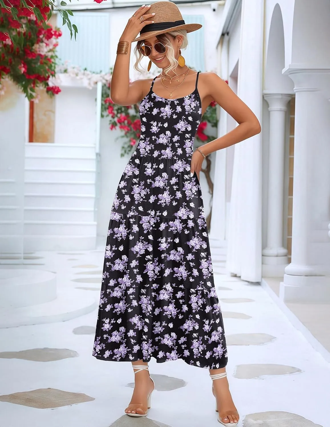 Zeagoo Womens Summer Long Dress Adjustable Spaghetti Strap Floral Casual Dress with Pockets Flowy Tiered Beach Sundress