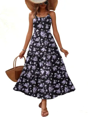 Zeagoo Womens Summer Long Dress Adjustable Spaghetti Strap Floral Casual Dress with Pockets Flowy Tiered Beach Sundress